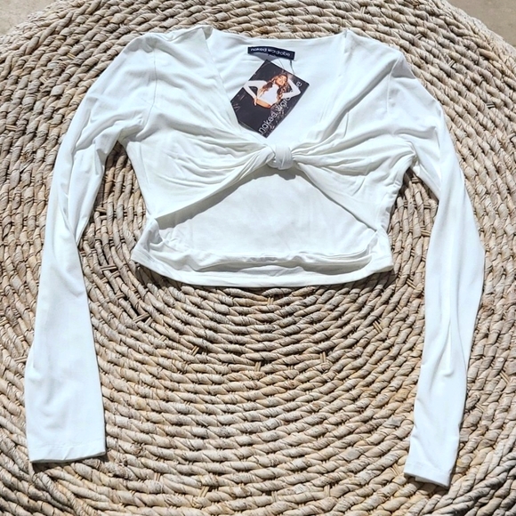 naked wardrobe Tops - naked wardrobe White Long Sleeve Twist Front Crop Top